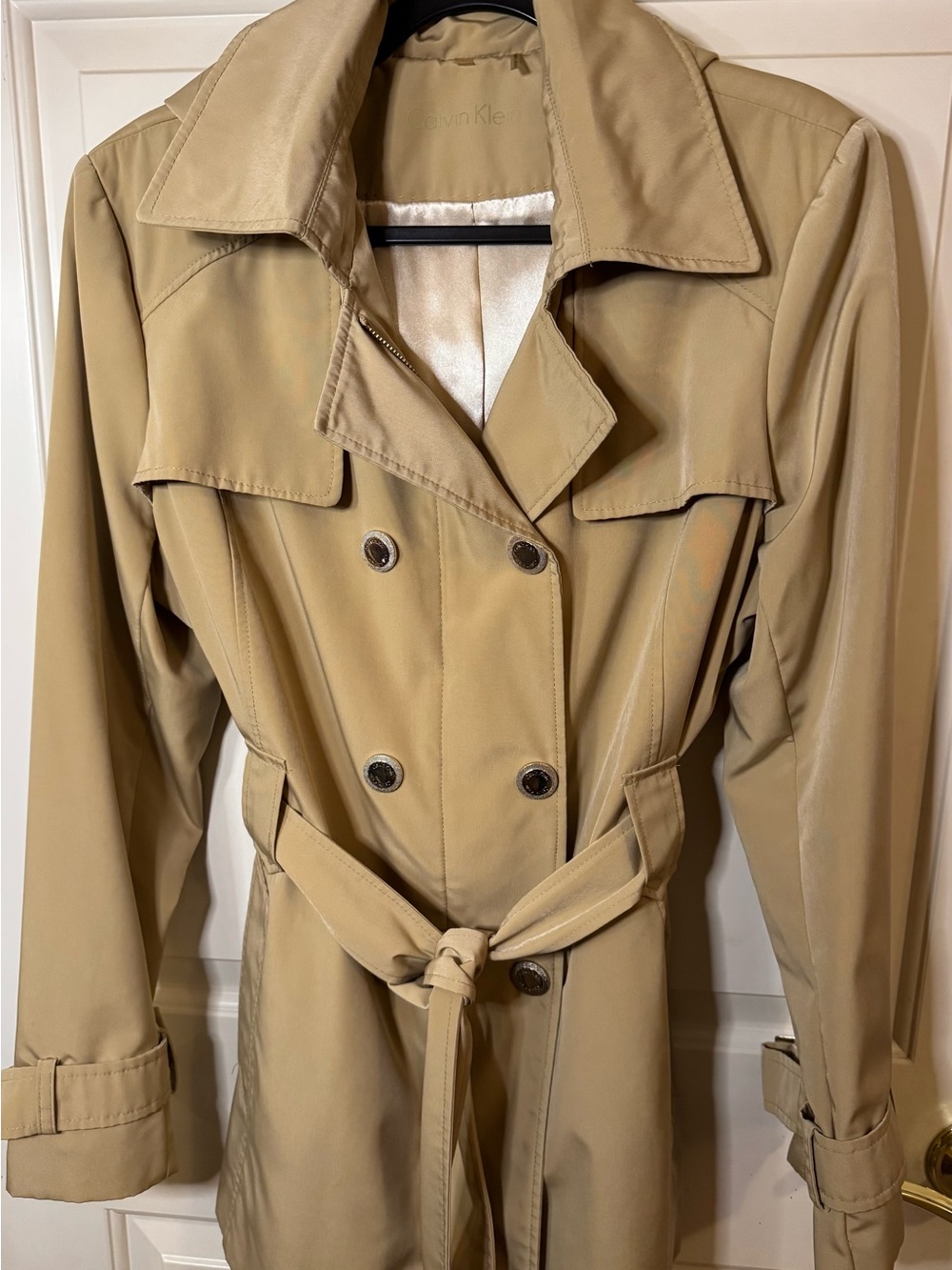 Calvin Klein Women's Beige Trench Coat with Belt and Removable Hood Size Large